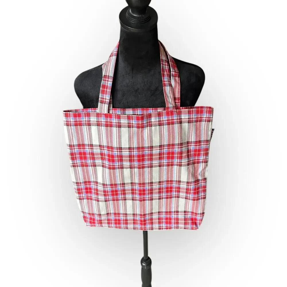 J. Crew RE-IMAGINED Red, White, & Light Blue Plaid 100% Cotton Tote Bag One Size